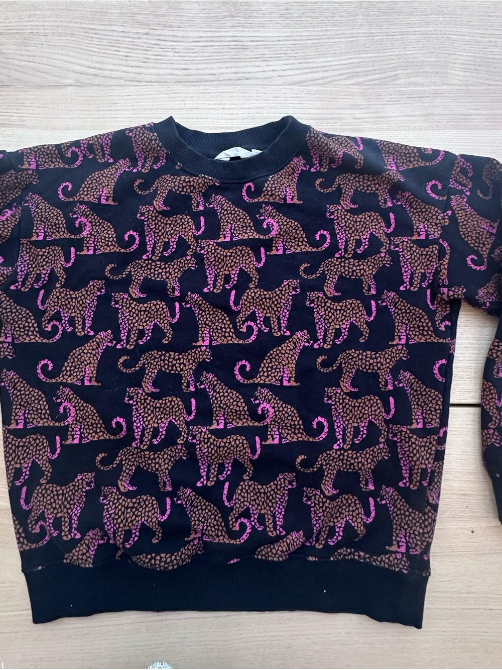 Black Crewneck Sweater with Pink Leopard Motif